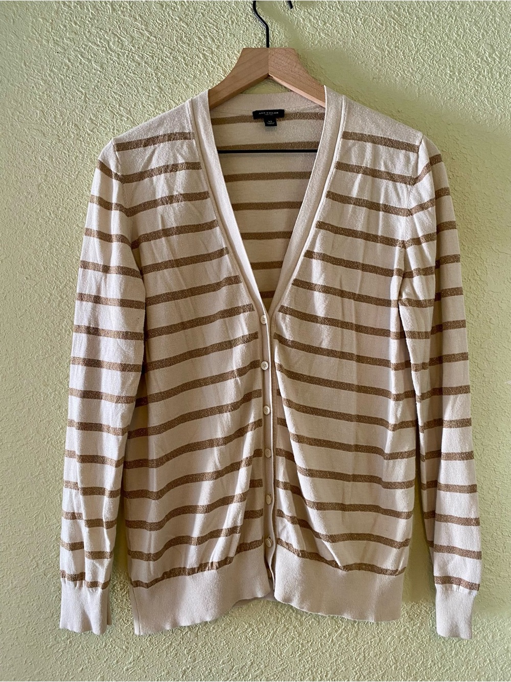 Anne Taylor Light Cream and Metallic Gold Striped Cardigan